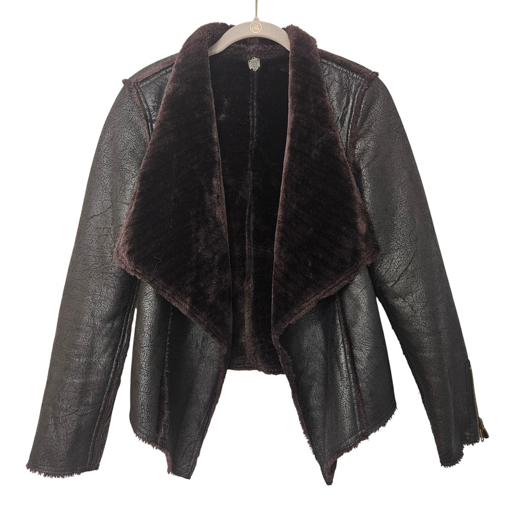 Sanctuary Faux Leather Fur Lined Jacket Brown Moto J434-121 Medium Boho